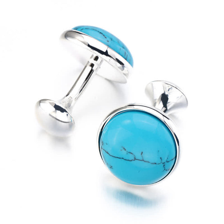 Men's Round Turquoise Blue Gemstone Cufflinks - image 4
