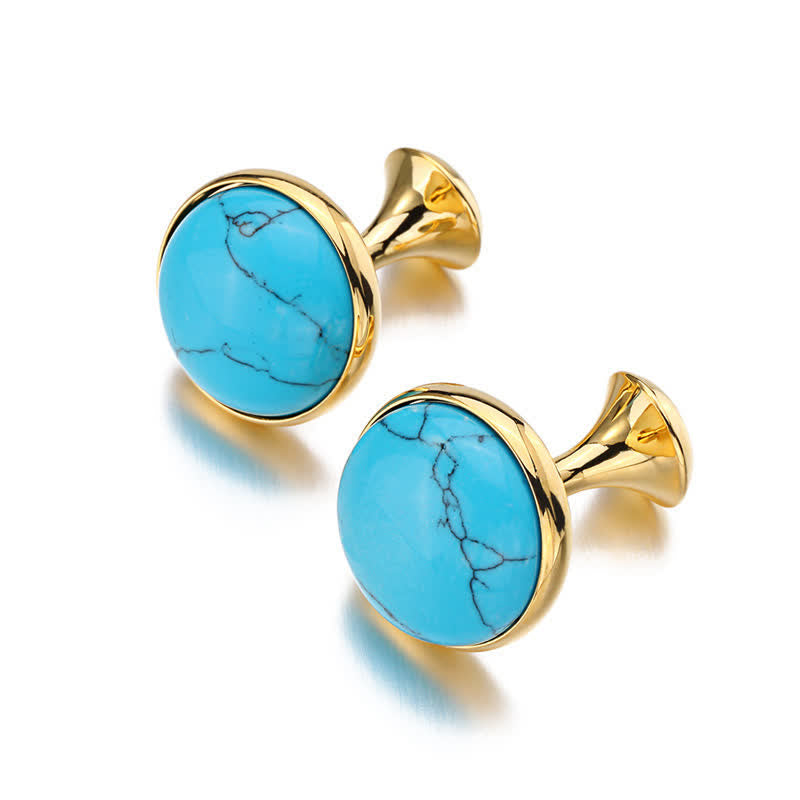 Men's Round Turquoise Blue Gemstone Cufflinks - Gold - image 0