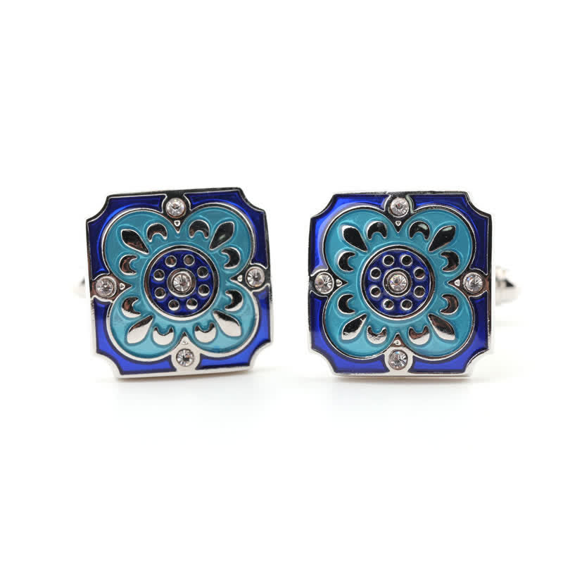 Men's Square Retro Blue Enamel Flower Cufflinks - image 2