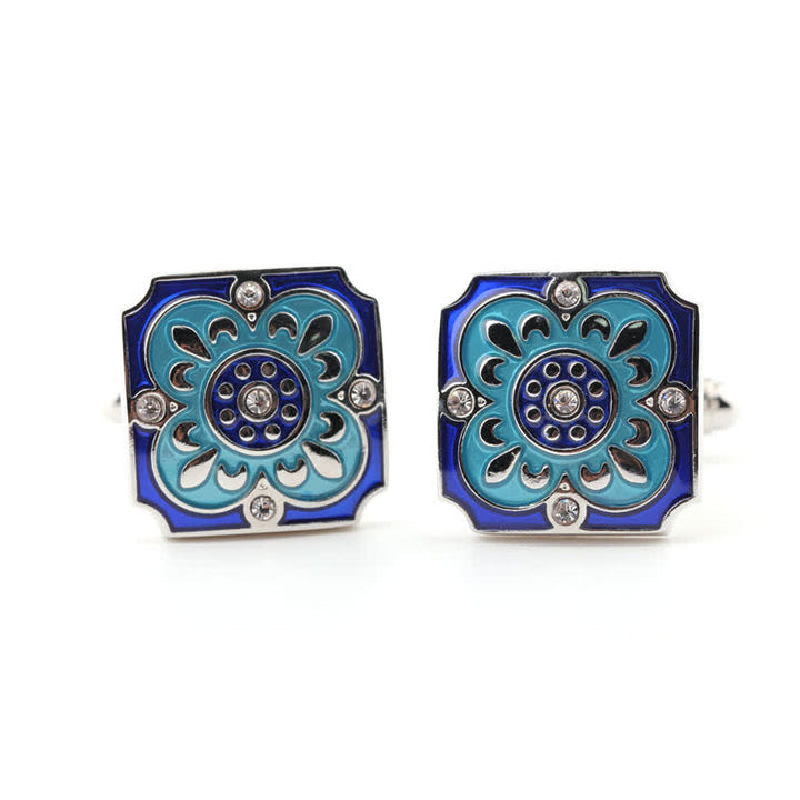 Men's Square Retro Blue Enamel Flower Cufflinks - image 2