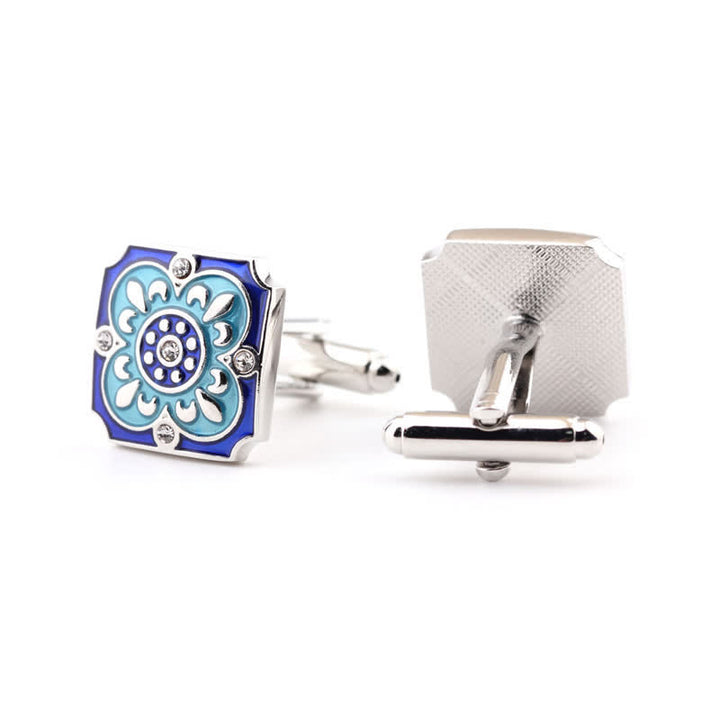 Men's Square Retro Blue Enamel Flower Cufflinks - Blue - image 0