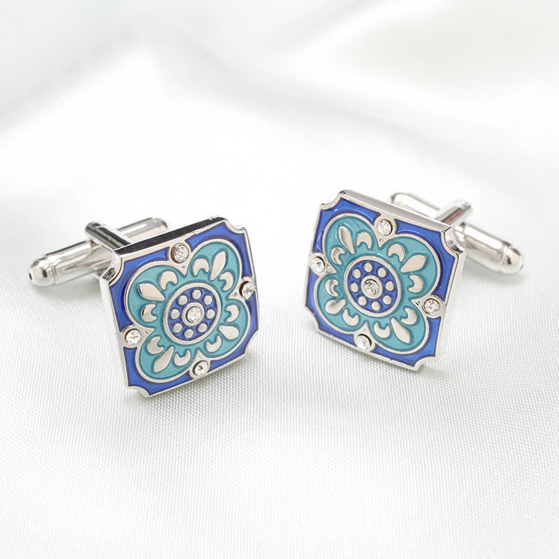 Men's Square Retro Blue Enamel Flower Cufflinks - image 1