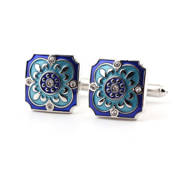 Men's Square Retro Blue Enamel Flower Cufflinks - image 3