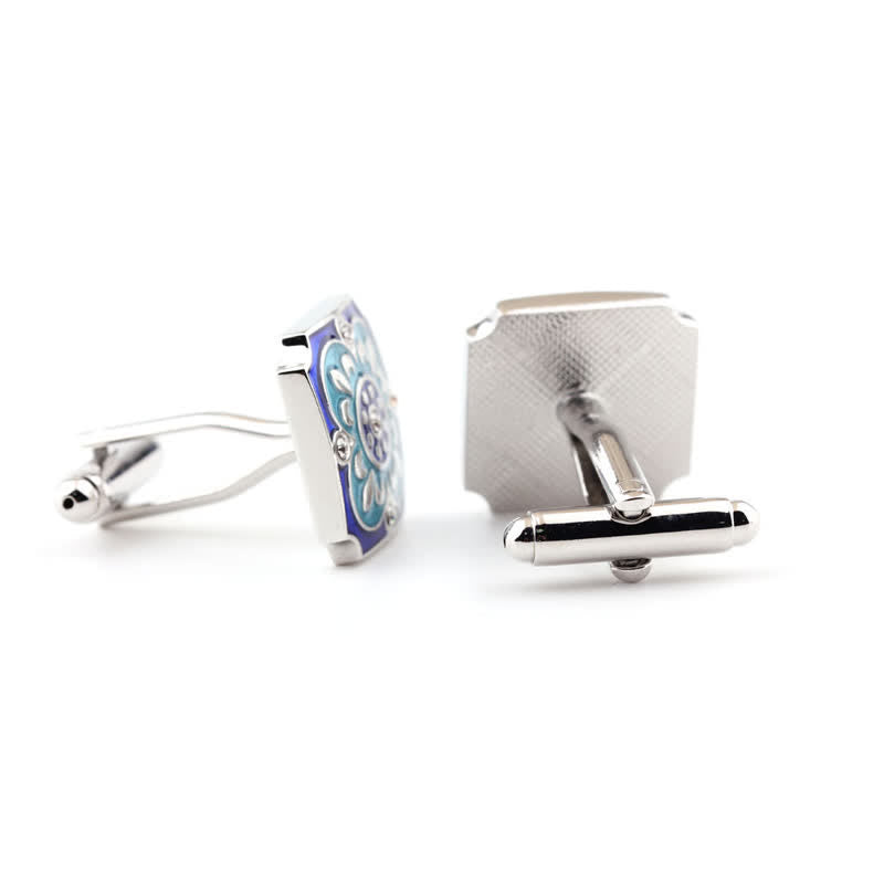 Men's Square Retro Blue Enamel Flower Cufflinks - image 4