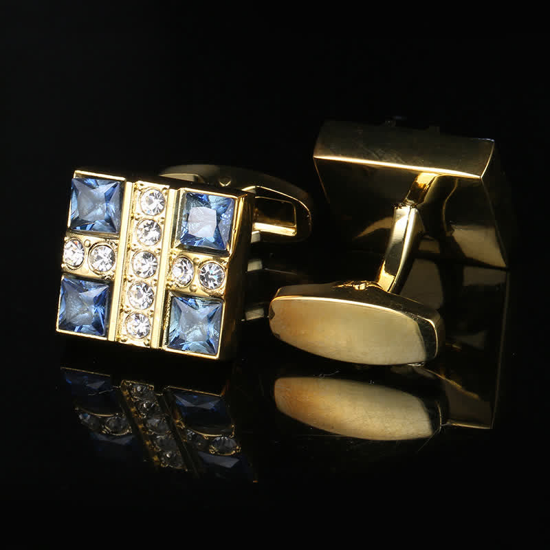 Men's Blue Crystal Rhinestone Gold Cufflinks - image 2