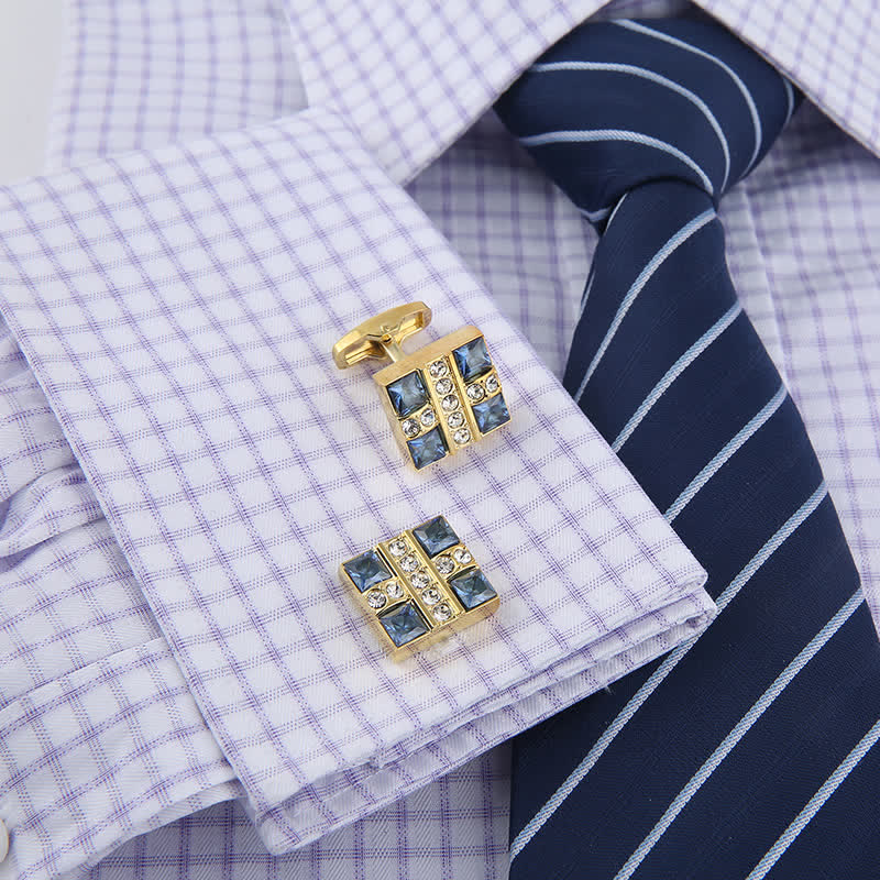 Men's Blue Crystal Rhinestone Gold Cufflinks - image 3