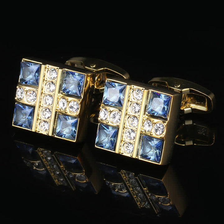 Men's Blue Crystal Rhinestone Gold Cufflinks - Gold - image 0