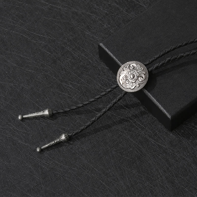 Classic Trendy Round Carved Flower Bolo Tie - Antique Silver - image 5
