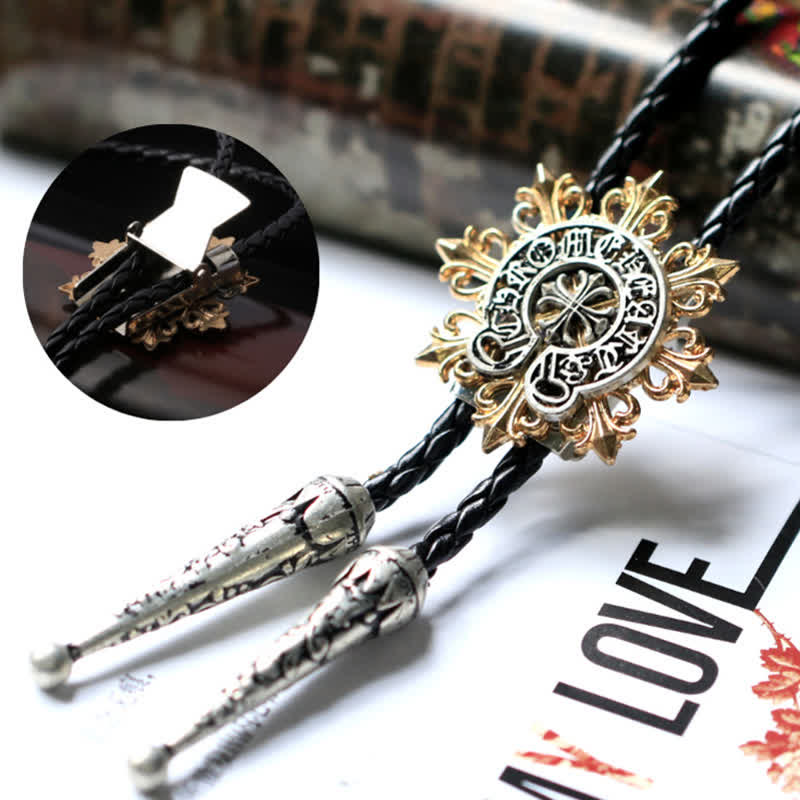 Silver & Gold Retro Cross Octagram Bolo Tie