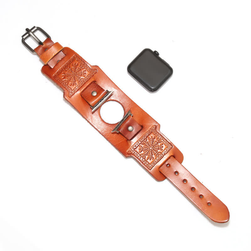 Relief Viking Compass Totem Leather Watch Band