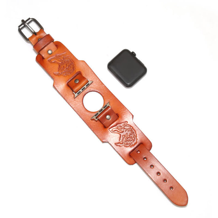 Punk Relief Wolf Bracelet Leather Watch Band - Orange - Watch Dial Size 42mm/44mm - image 2