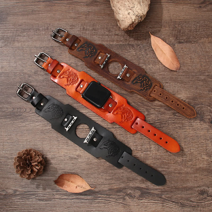 Punk Relief Wolf Bracelet Leather Watch Band - image 0