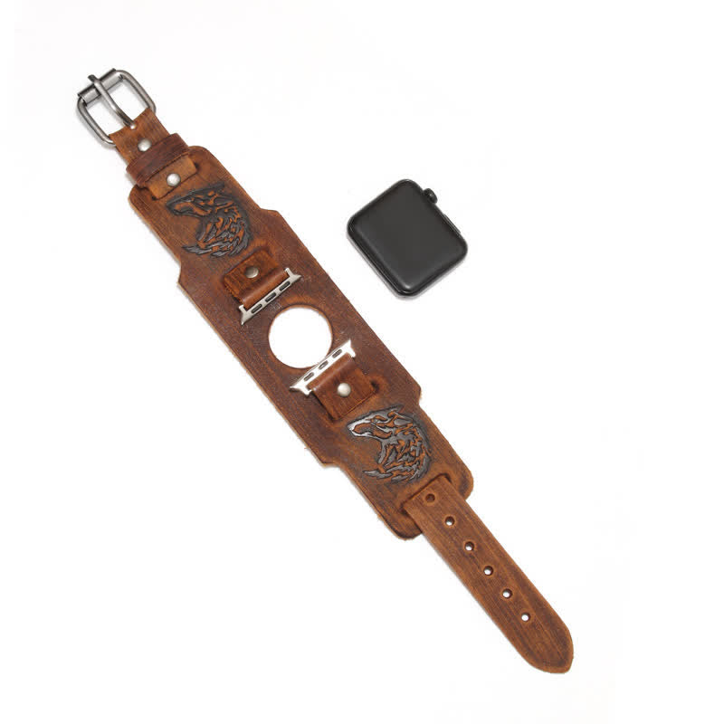 Punk Relief Wolf Bracelet Leather Watch Band - Brown - Watch Dial Size 42mm/44mm - image 9