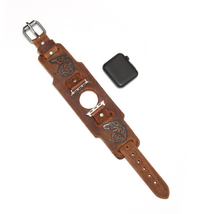 Punk Relief Wolf Bracelet Leather Watch Band - Brown - Watch Dial Size 42mm/44mm - image 9