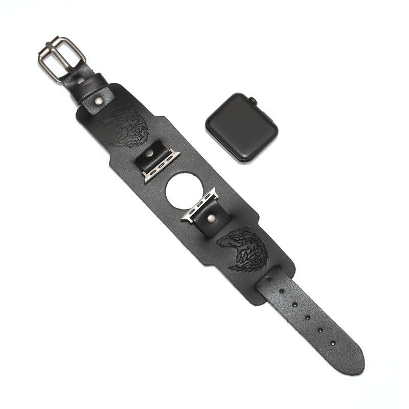 Punk Relief Wolf Bracelet Leather Watch Band - Black - Watch Dial Size 42mm/44mm - image 10