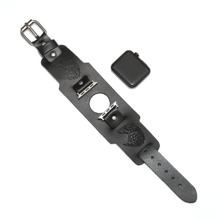 Punk Relief Wolf Bracelet Leather Watch Band - Black - Watch Dial Size 42mm/44mm - image 10