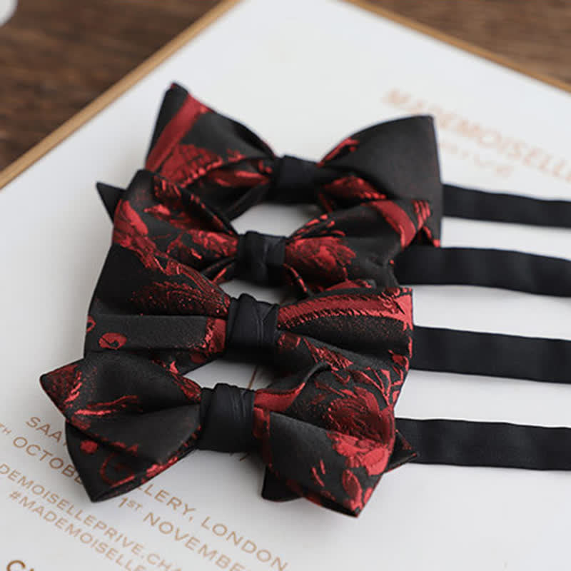 Men's Red Floral Pattern Black Bow Tie