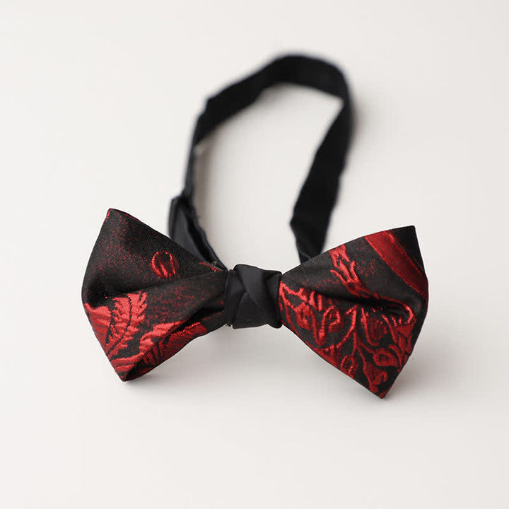 Men's Red Floral Pattern Black Bow Tie