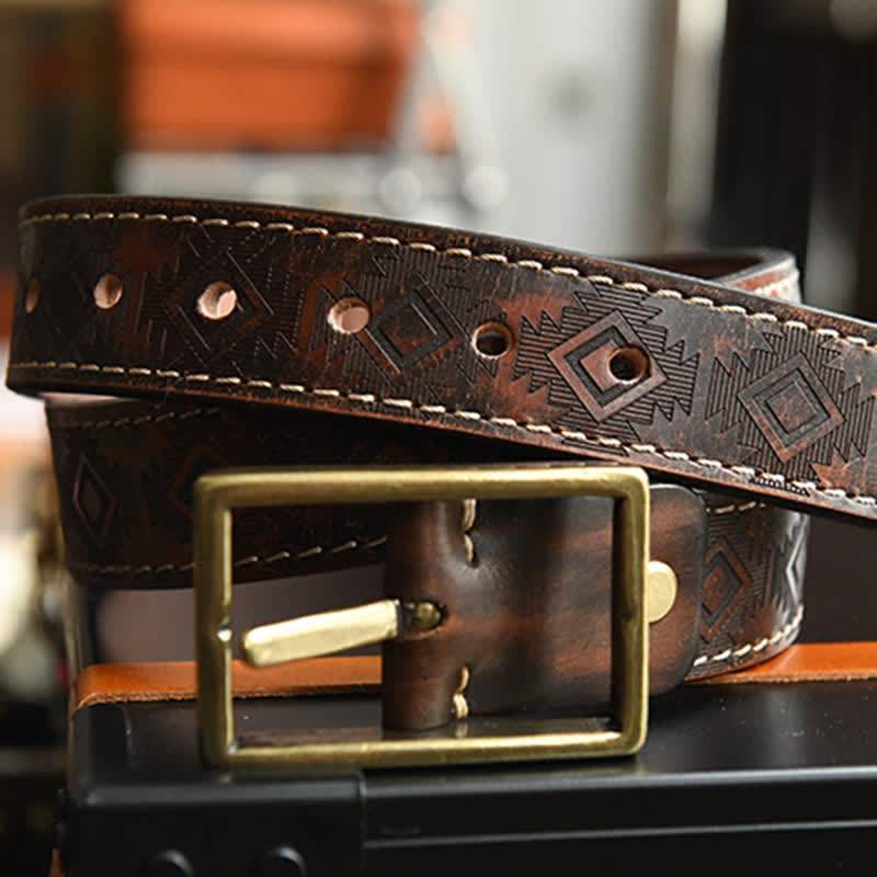 Men's Western Geometric Pattern Leather Belt