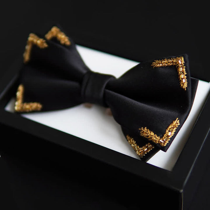 Men's Gold Wheat Embellishment Black Bow Tie