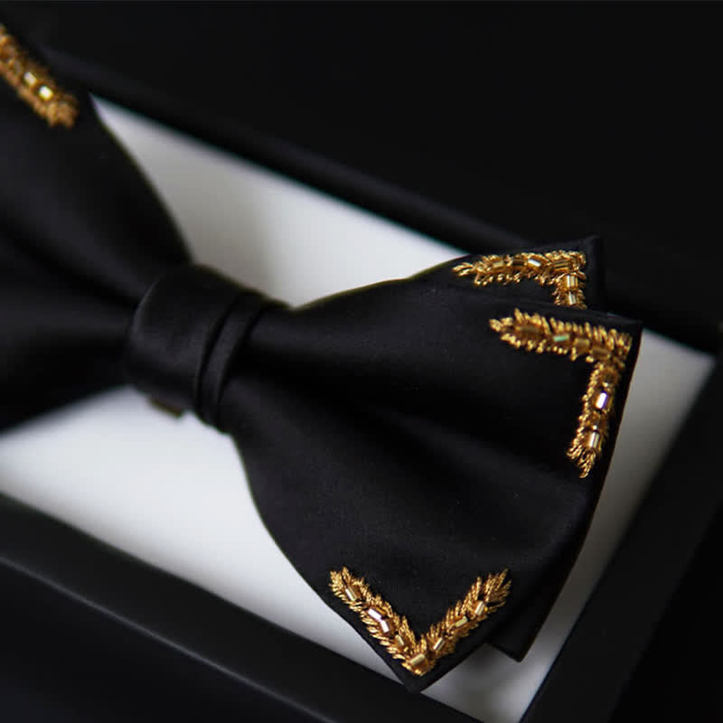 Men's Gold Wheat Embellishment Black Bow Tie