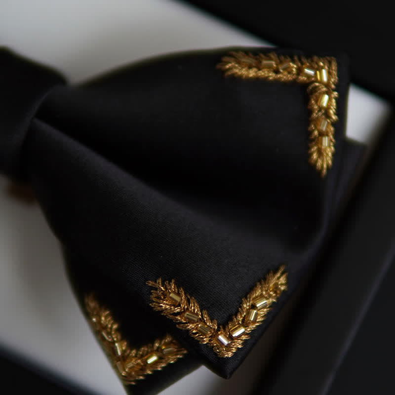 Men's Gold Wheat Embellishment Black Bow Tie