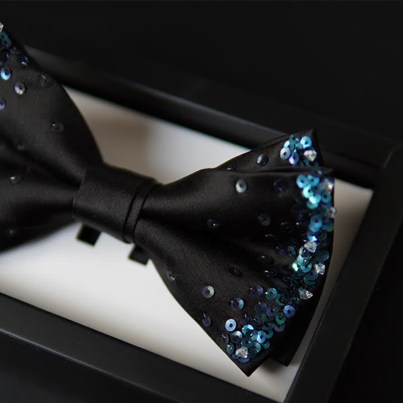 Men's Blue Shine Sequin Black Bow Tie