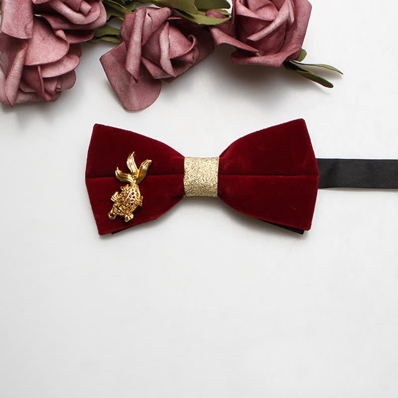 Men's Red Velvet Gold Tone Metal Flower Bow Tie