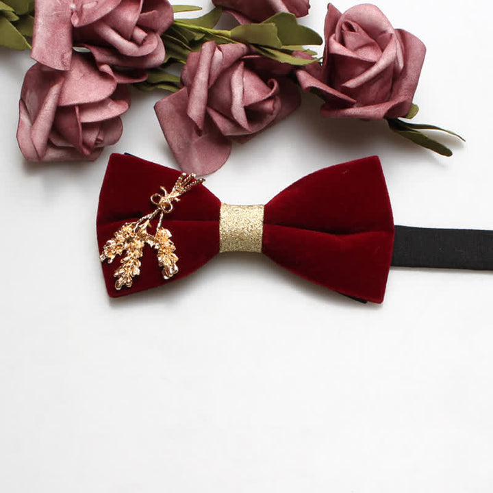 Men's Red Velvet Gold Tone Metal Flower Bow Tie