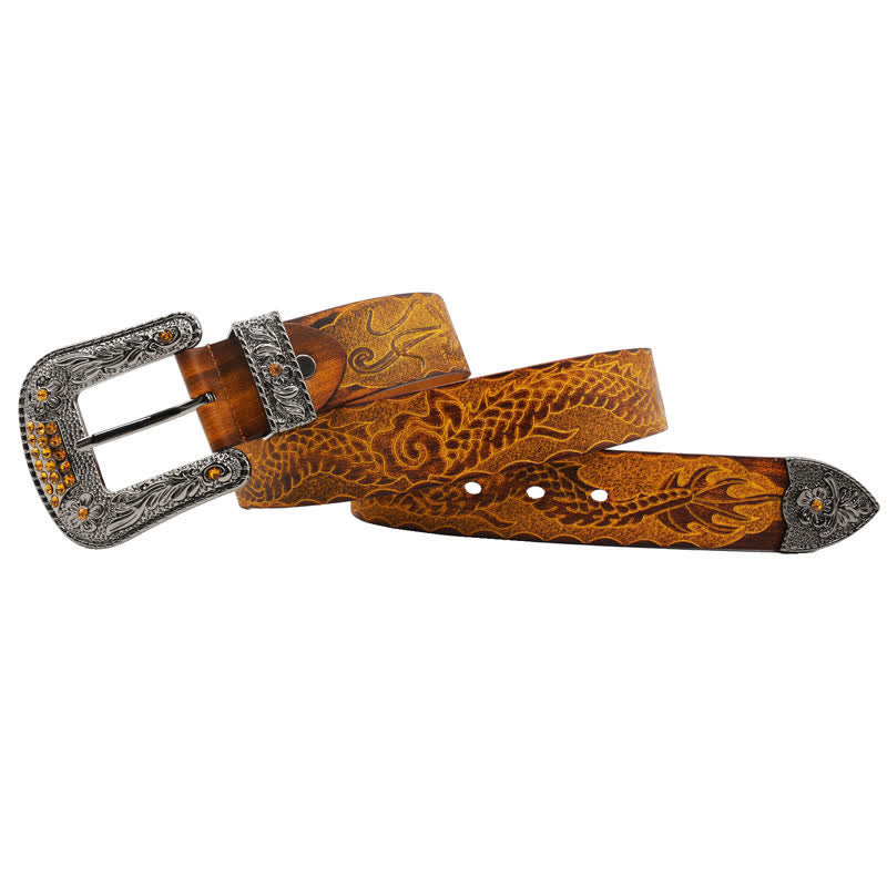 Men's Floral Buckle Embossed Dragon Leather Belt