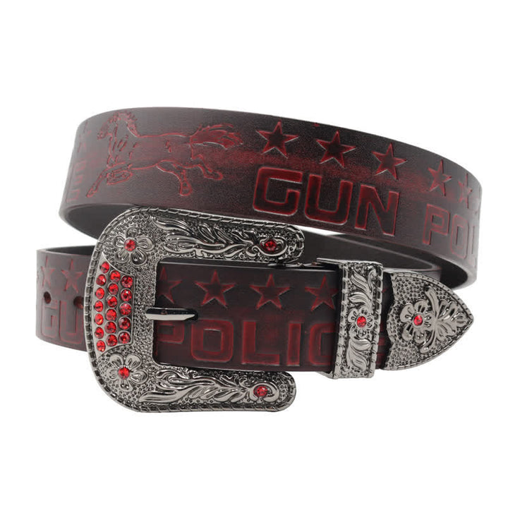 Men's Cowboy Pattern Carved Buckle Leather Belt