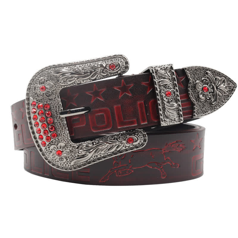 Men's Cowboy Pattern Carved Buckle Leather Belt