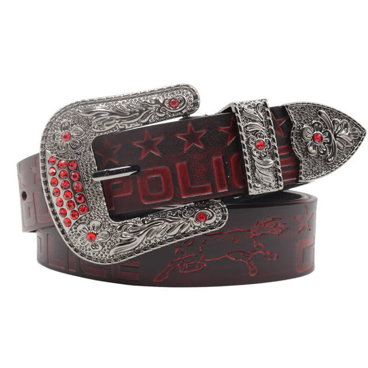 Men's Cowboy Pattern Carved Buckle Leather Belt