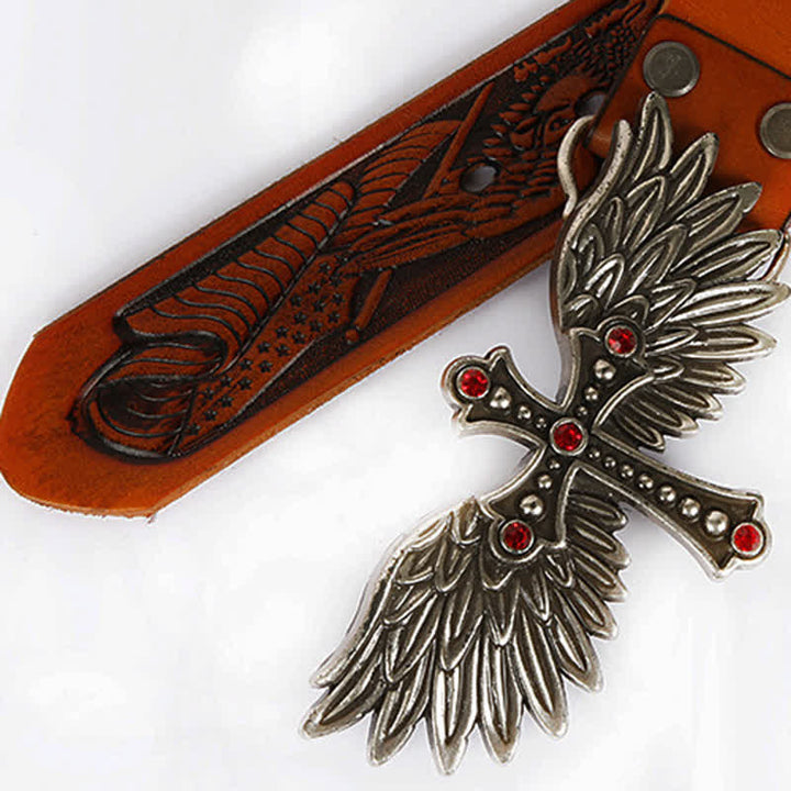 Men's Personality Winged Cross Buckle Leather Belt