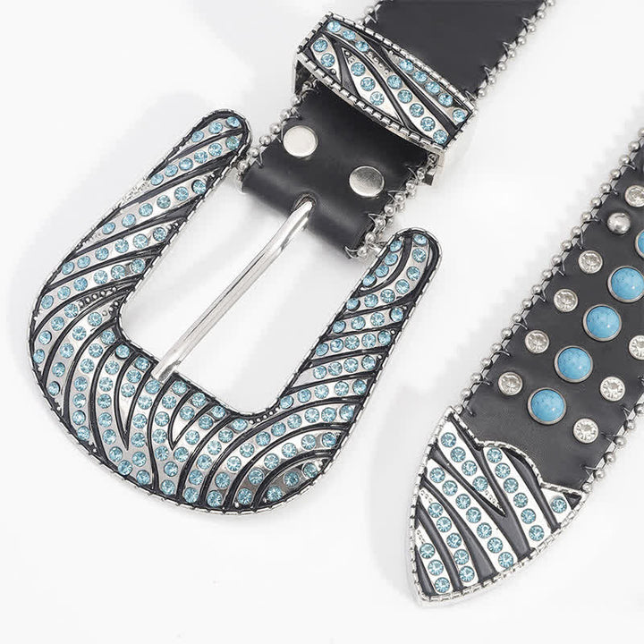 Women's Blue Bling Rhinestones Turquoise Leather Belt