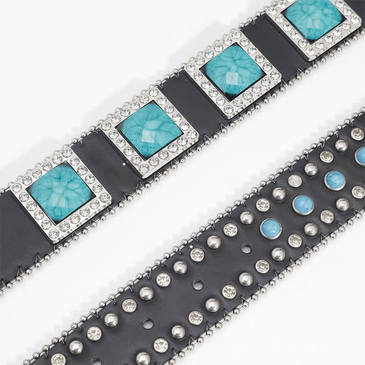 Women's Blue Bling Rhinestones Turquoise Leather Belt