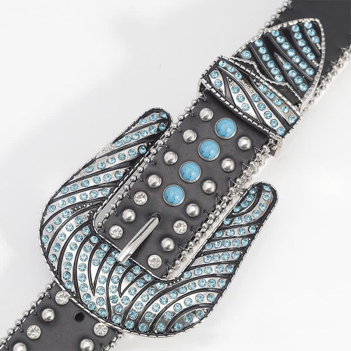 Women's Blue Bling Rhinestones Turquoise Leather Belt