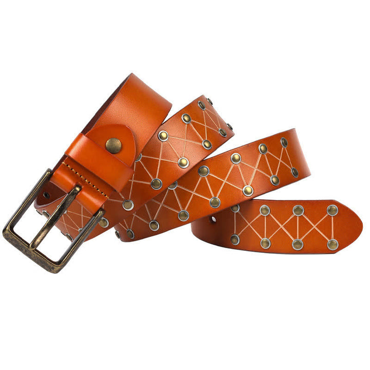 Men's Punk StyLe Rivets Studded Vintage Leather Belt - Orange - 44 - image 4