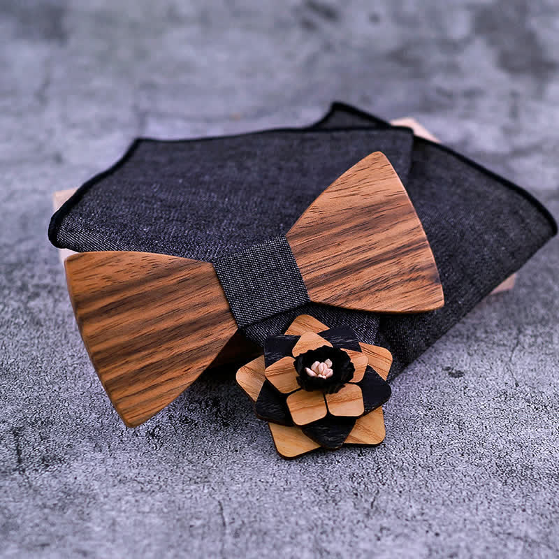 3Pcs Men's Lapel Flower Pin Walnut Wooden Bow Tie Set