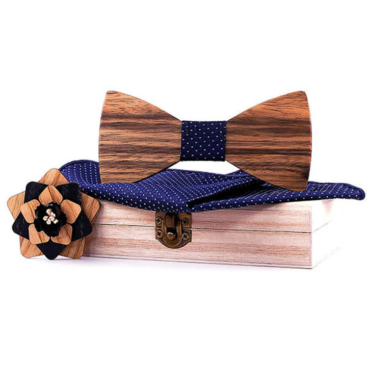 3Pcs Men's Lapel Flower Pin Walnut Wooden Bow Tie Set