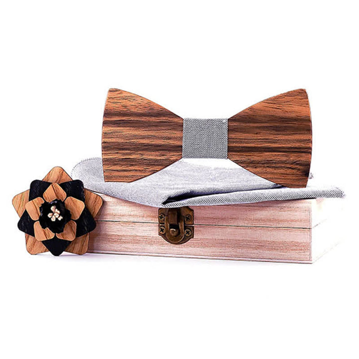 3Pcs Men's Lapel Flower Pin Walnut Wooden Bow Tie Set