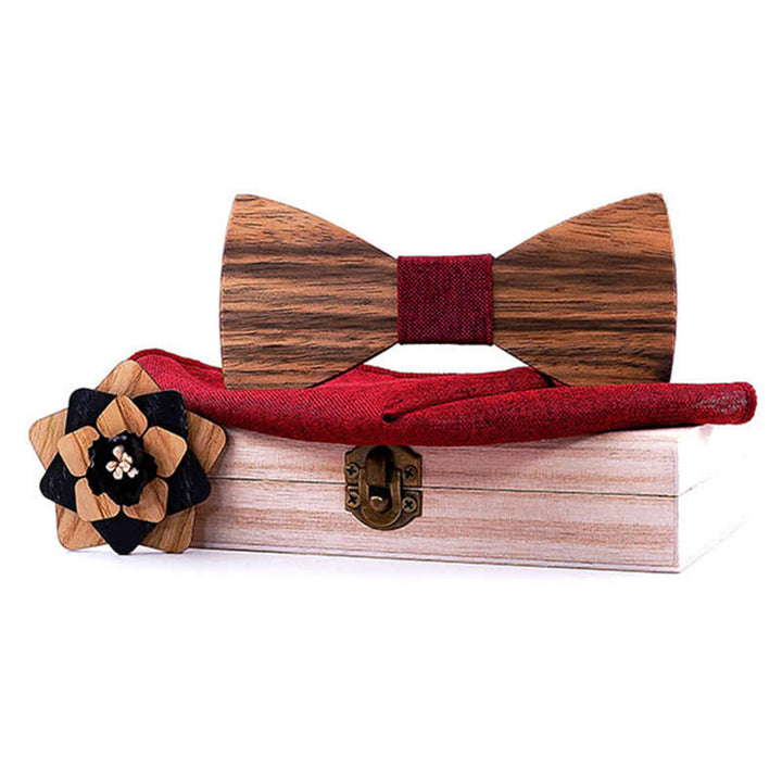 3Pcs Men's Lapel Flower Pin Walnut Wooden Bow Tie Set