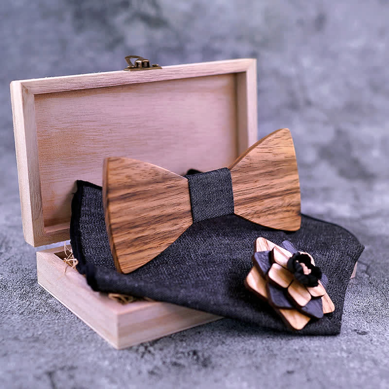 3Pcs Men's Lapel Flower Pin Walnut Wooden Bow Tie Set