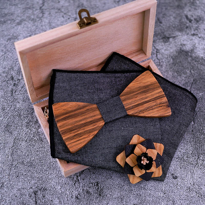 3Pcs Men's Lapel Flower Pin Walnut Wooden Bow Tie Set