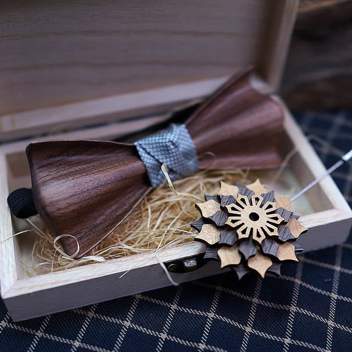 2Pcs Men's 3D Design Black Walnut Wooden Bow Tie Set