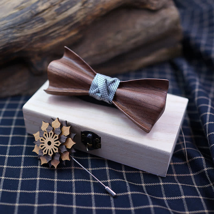 2Pcs Men's 3D Design Black Walnut Wooden Bow Tie Set