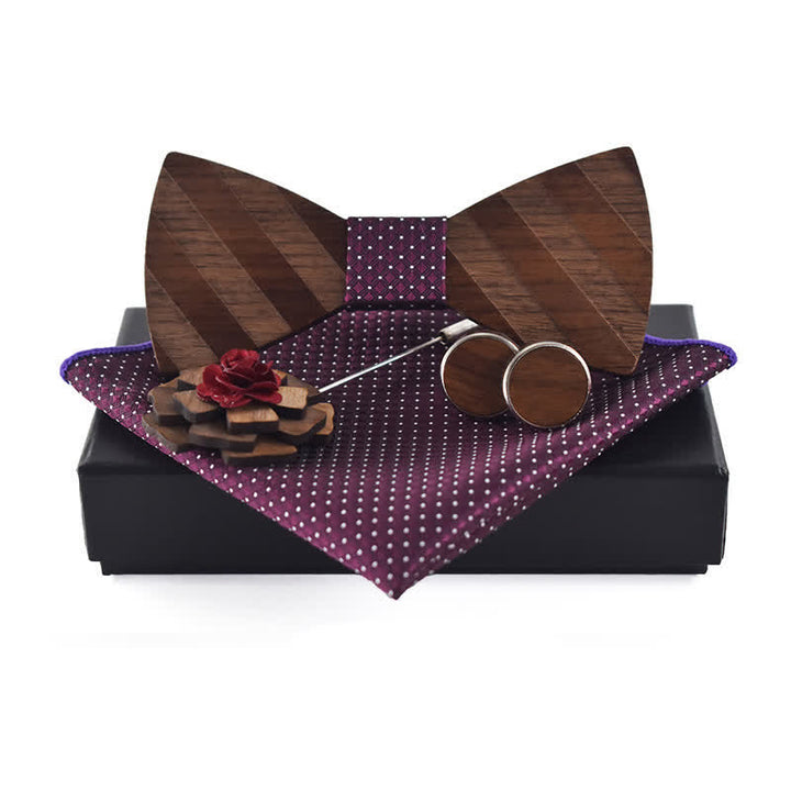 4Pcs Men's Formal Striped Pattern Wooden Bow Tie Set