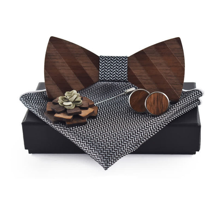 4Pcs Men's Formal Striped Pattern Wooden Bow Tie Set