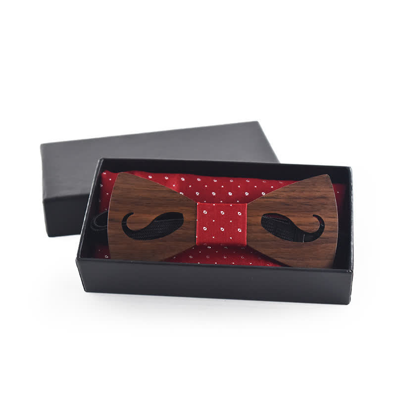 2Pcs Men's Hollow Moustach Carved Wooden Bow Tie Set