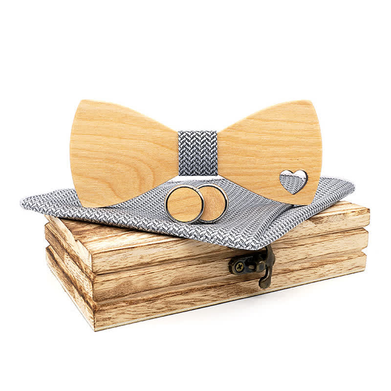 3Pcs Men's Hollow Heart Shape Wooden Bow Tie Set